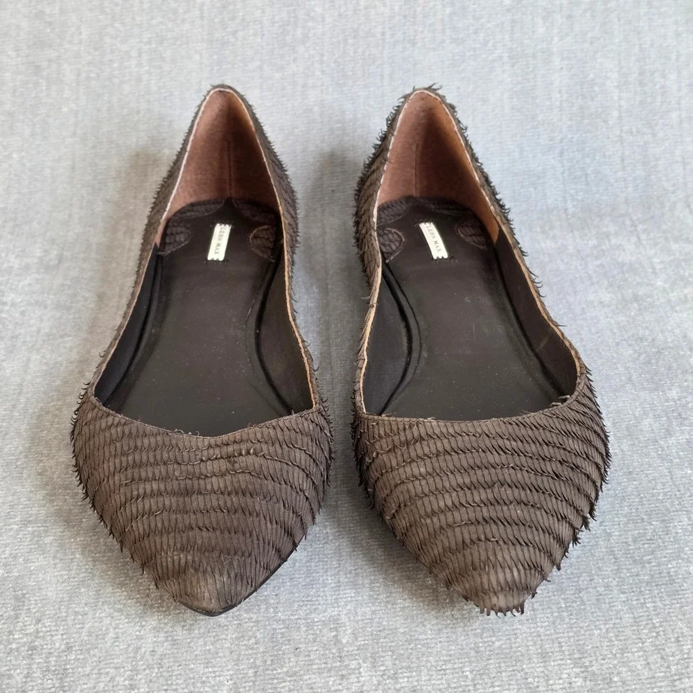 Leon Max Pointed Toe Flats Womens 7M Brown Textured Leather Feathered Fringe